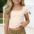 thumbnail image 2 of Landzoo Girls T Shirt Solid Color Short Sleeve Square Collar Shirt Summer Cozy Soft Toddler Kids Girls Tees Size 4-5 Years Beige, 2 of 9
