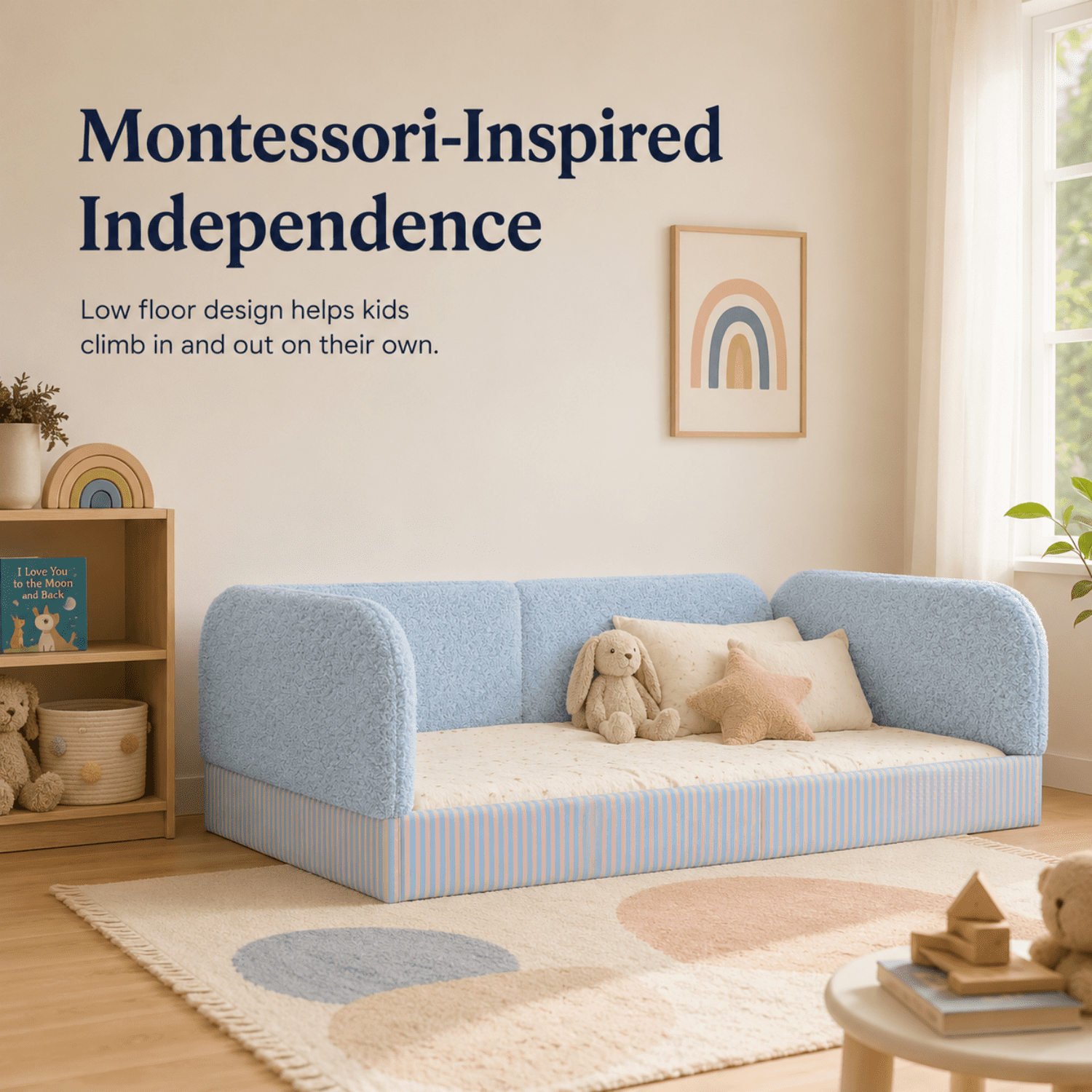Miniyam Twin Kids Floor Bed with Padded Guardrails, Teddy Fleece Upholstered Montessori-Inspired Bed, Blue