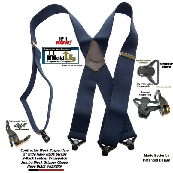 Hold-Ups Heavy Duty Navy Blue 2" Wide Work Suspenders with black USA patented Gripper Clasps