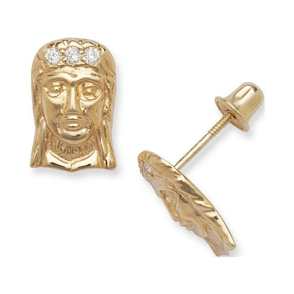 Solid 14k Cubic Zirconia CZ Yellow Gold King Face Style With Stones Screw Back Stud Earrings (white)-Stud Earring for Wo