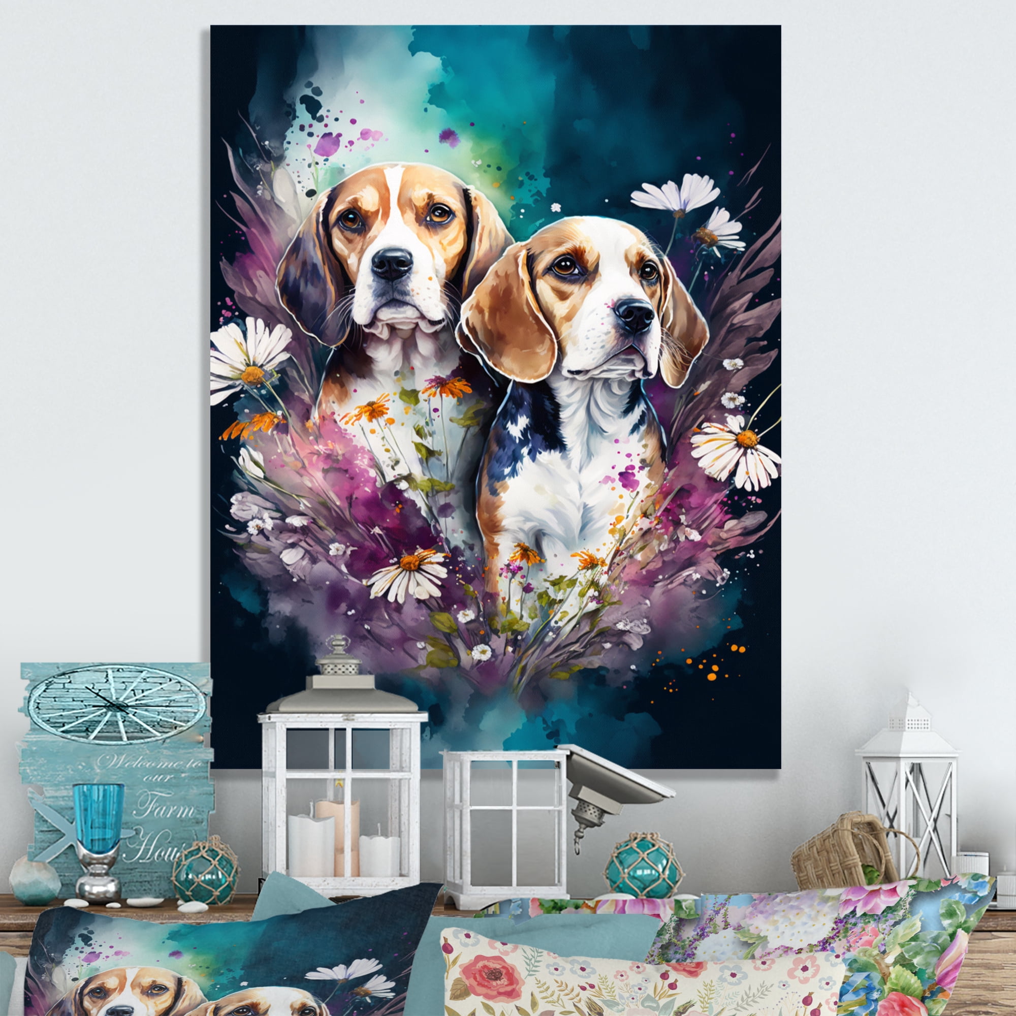 Designart Cute Beagles Floral Art Canvas Wall Art