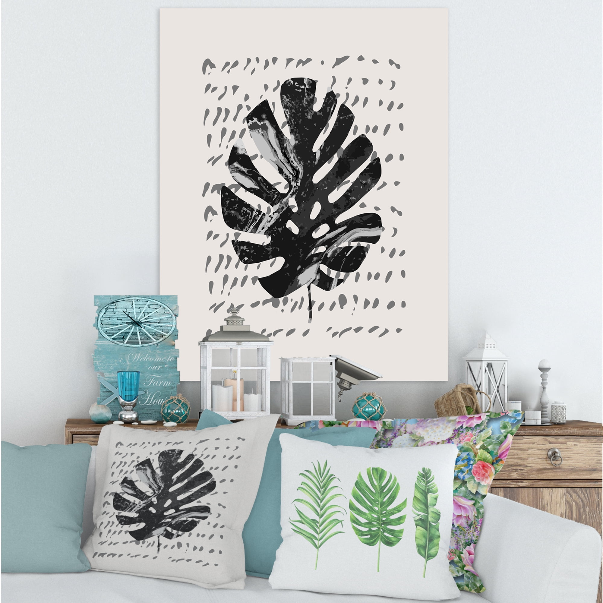 Minimal Tropical Palm Leaf Over Grunge Texture 16 in x 32 in Painting Canvas Art Print, by Designart