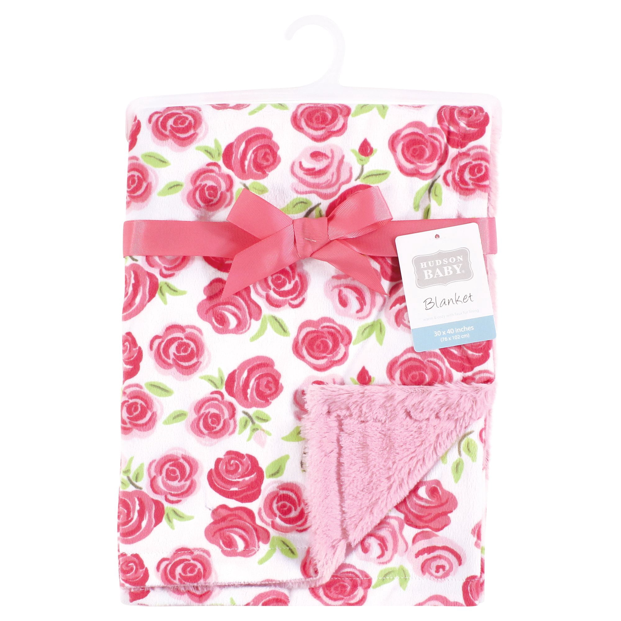 Hudson Baby Girls Plush Blanket with Furry Binding and Back, Pink Roses, One Size