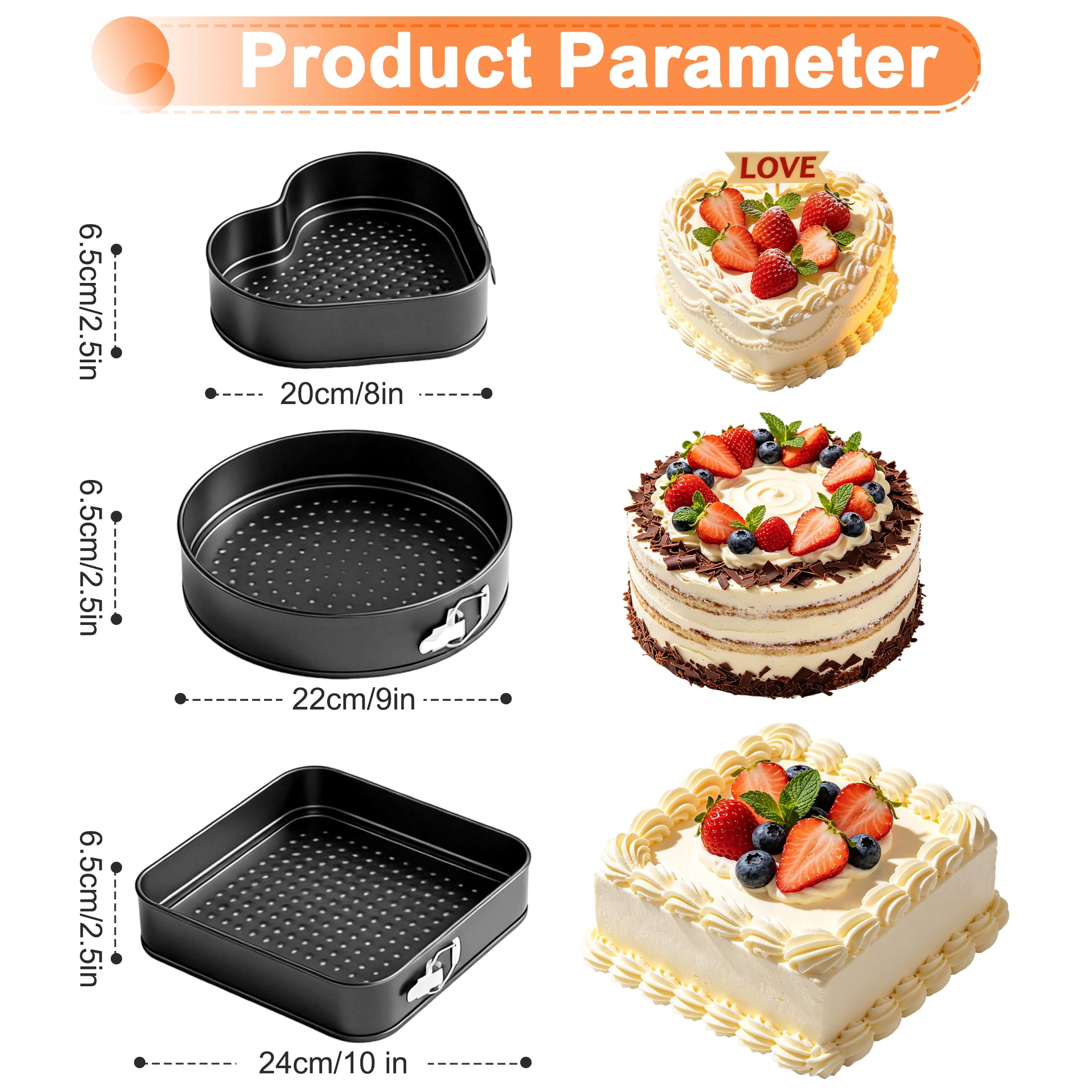 3 Pcs Springform Cake Pan, 8", 9" ,10" Non‑stick Removable Bottom Baking Molds, Heart Round Square Bakeware for new and experienced baking enthusiasts