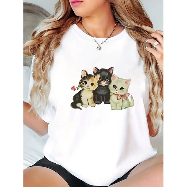 Camiseta De Mujer De Verano Ligera Básica Para Mochilero, Camping, CaminarWomen'S Casual Crew Neck Short Sleeve T-Shirt, Polyester Knit Fabric with Medium Stretch, Animal Pattern, with Cat Print, fo