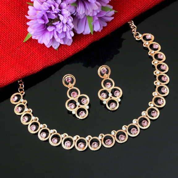 Parshwa Creations Indian Women's Tradtional Rose Gold Pated Jewelry Set,Wedding & Bridal Wear Necklace Earrings Set,Rhinestone Stud Resin Beads Jewelry Set