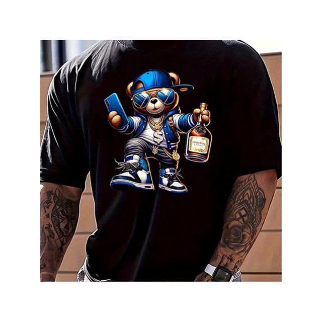 Camiseta de algodón puro de verano para hombre, moderna, informal, holgada, con estampado de oso de dibujos animados, deportiva, redonda
