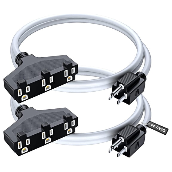 3-Outlet Extension Cord 1 Foot 2 Pack, 14 AWG Heavy Duty 3-Prong Grounded, SJTW Indoor, 15 Amp ETL Listed (White)