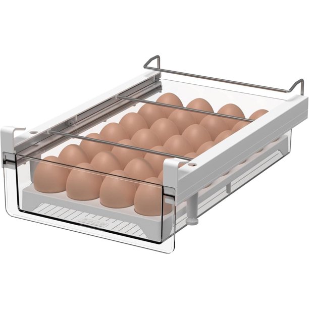 Bandeja para nevera, 28 cajones de huevos, transparente con asa, organizador de nevera, resistente, L con bandeja para huevos