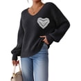 thumbnail image 2 of Sweaters for Female Lantern Sleeve Heart Print Pullover Embroidered Lace Patchwork Knit Pullover Black XL, 2 of 8