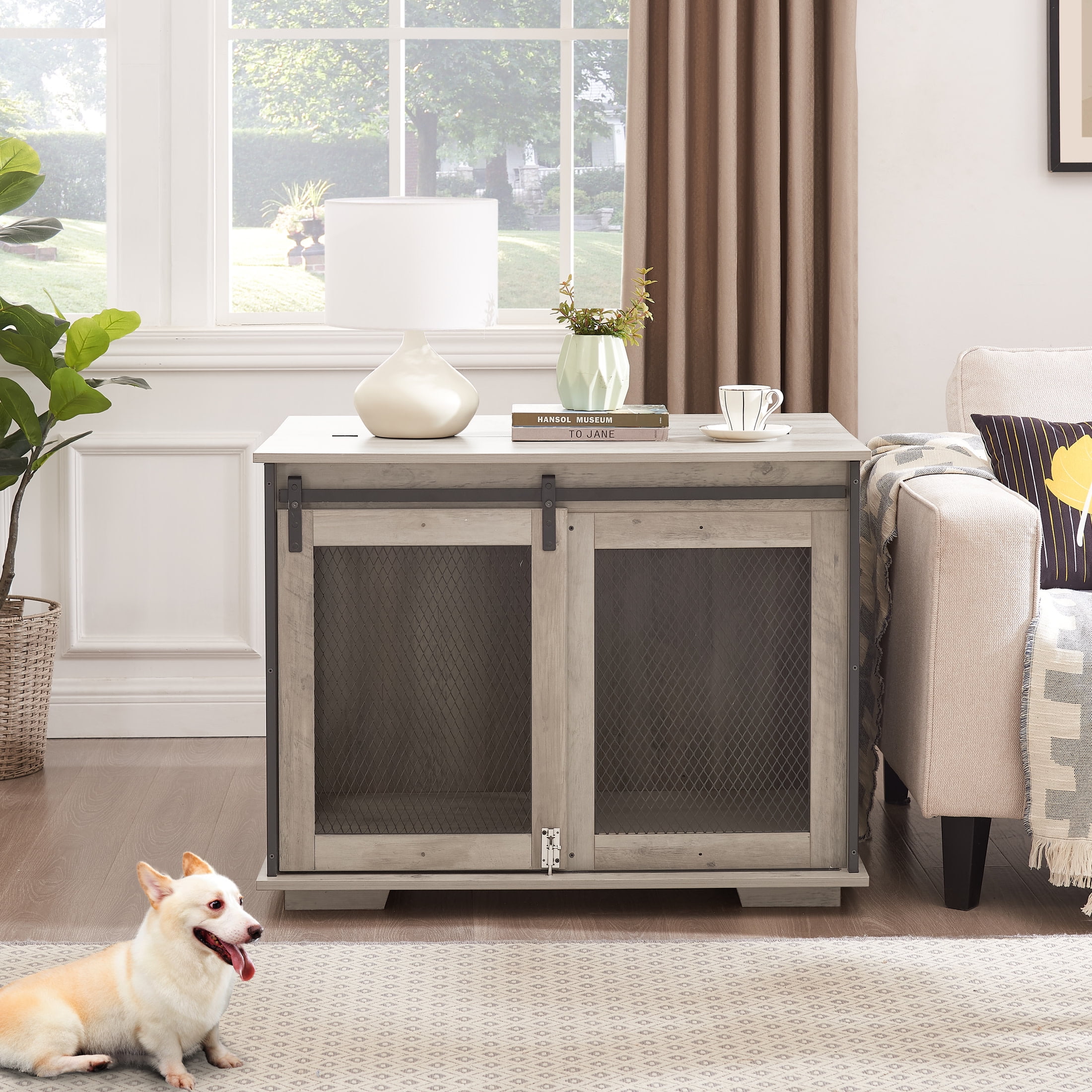 Noble House Farmhouse Dog Cage Crate Furniture, Sliding Barn Door Kennel End Table with Divider and Flip-Top, Gray Wash