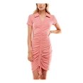 thumbnail image 4 of PLANET GOLD Womens Pink Ruched Ribbed Short Sleeve Point Collar Above The Knee Body Con Dress L, 4 of 7