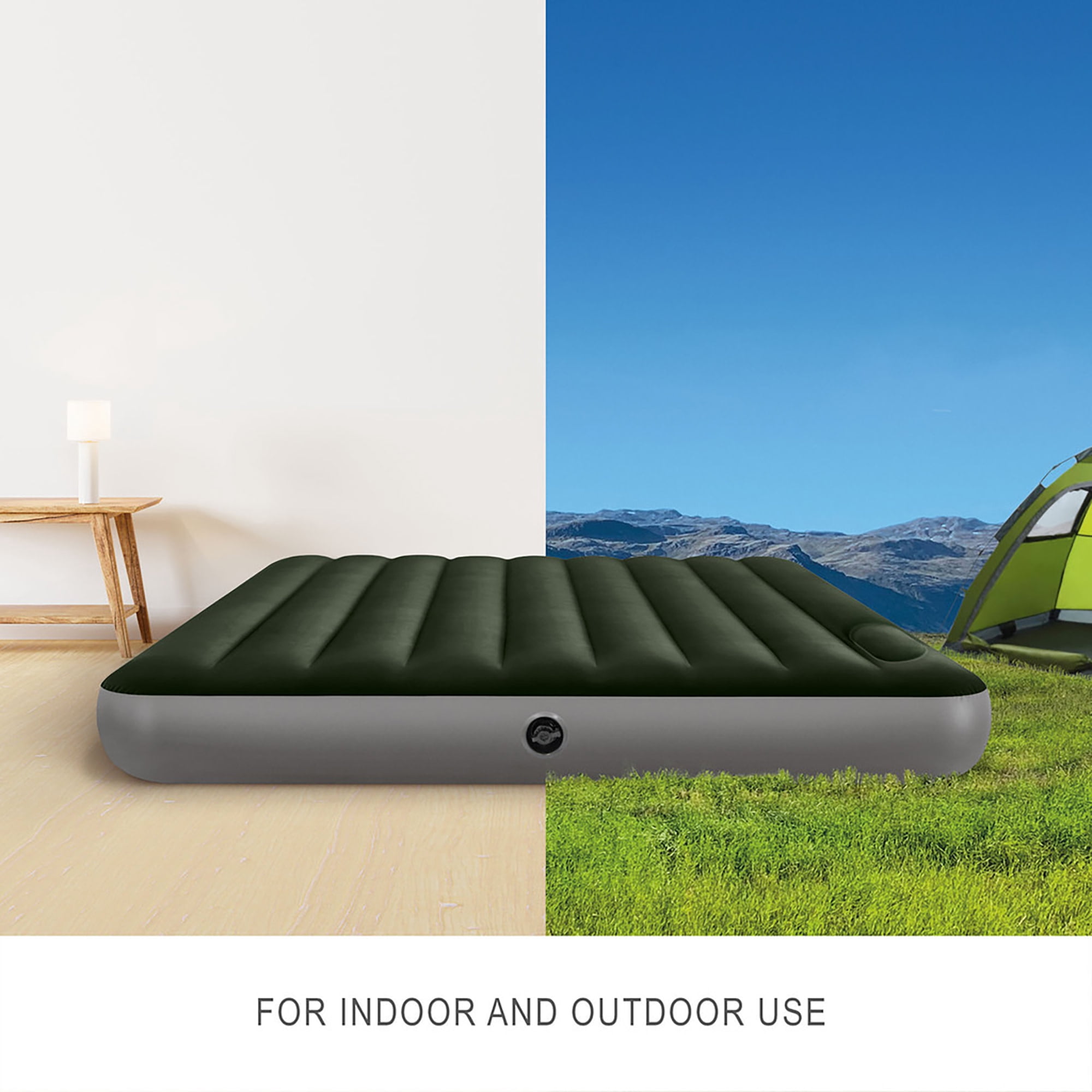 Intex: Dura-Beam: Downy Airbed - Queen - Green, 10" Inflatable Mattress, Built-In Foot Pump, Fiber-Tech, Carry Bag, Indoor-Outdoor, 600lb Cap, 64763E