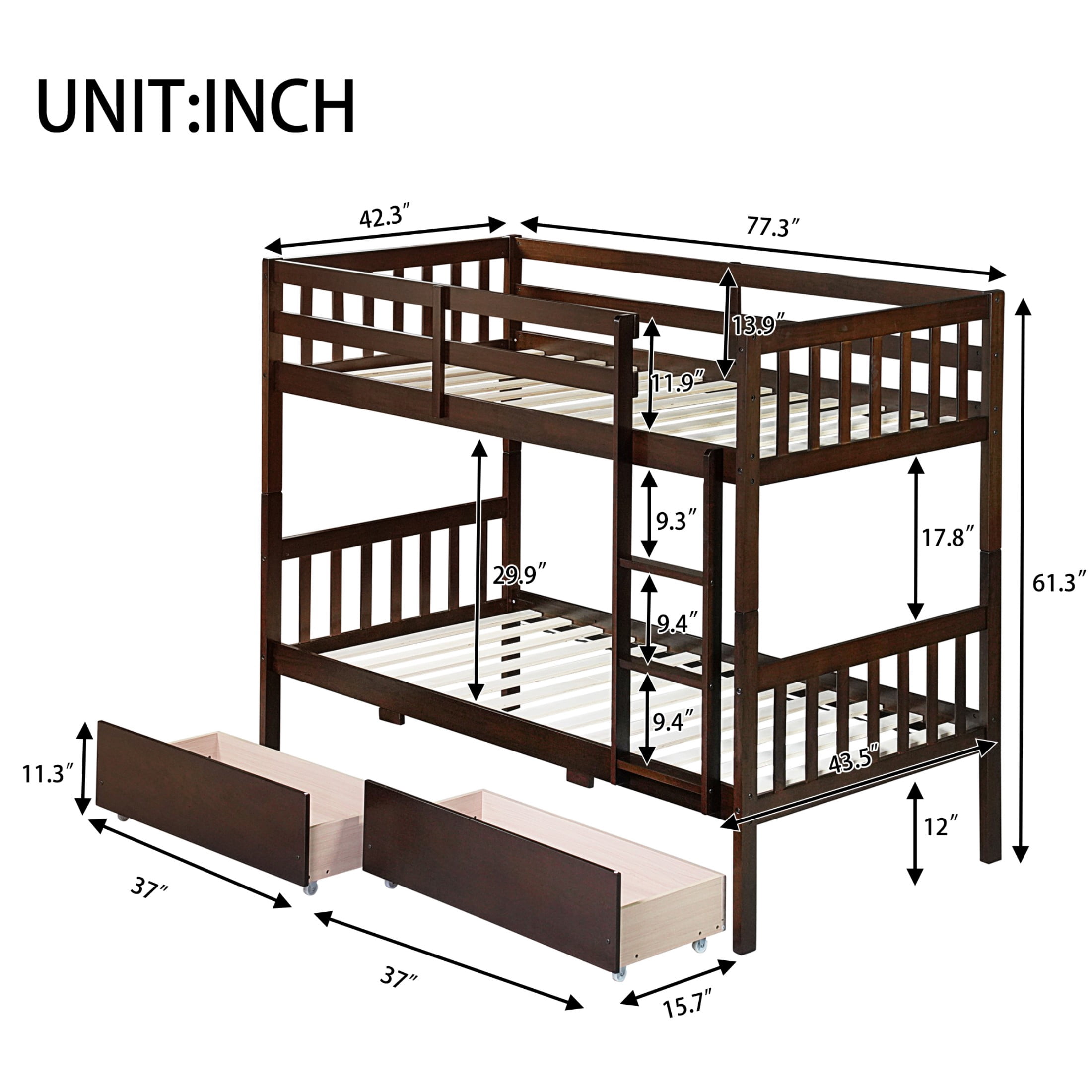 Alvantor Twin Over Twin Bunk Bed with 2 Drawers and Ladder, Convertible into 2 Twin Beds for Teens and Adults, Espresso