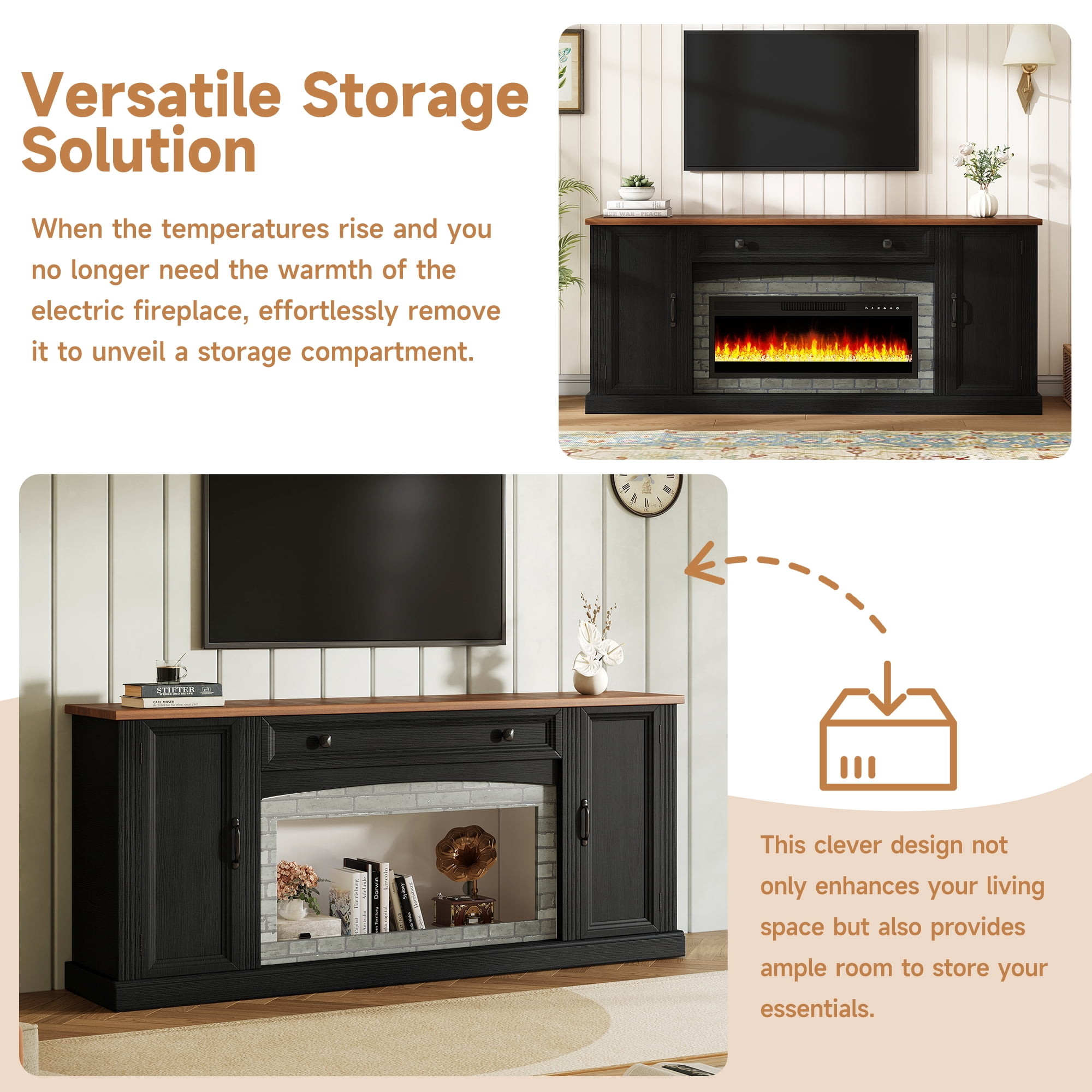 Mintazer Farmhouse Electric Fireplace TV Stand for TVs Up to 70", Entertainment Center with 2 Storage Cabinets & Large Drawer and Adjustable Shelves for Living Room, Black