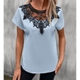 thumbnail image 3 of Women T Shirt Crew Neck Short Sleeves Lace Loose Hem Casual Blouse for Outdoor Office Light Blue M, 3 of 6