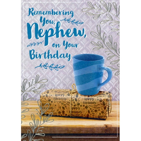 Designer Greetings Blue Mug with Dark Blue Horizontal Stripes Nephew Birthday Card