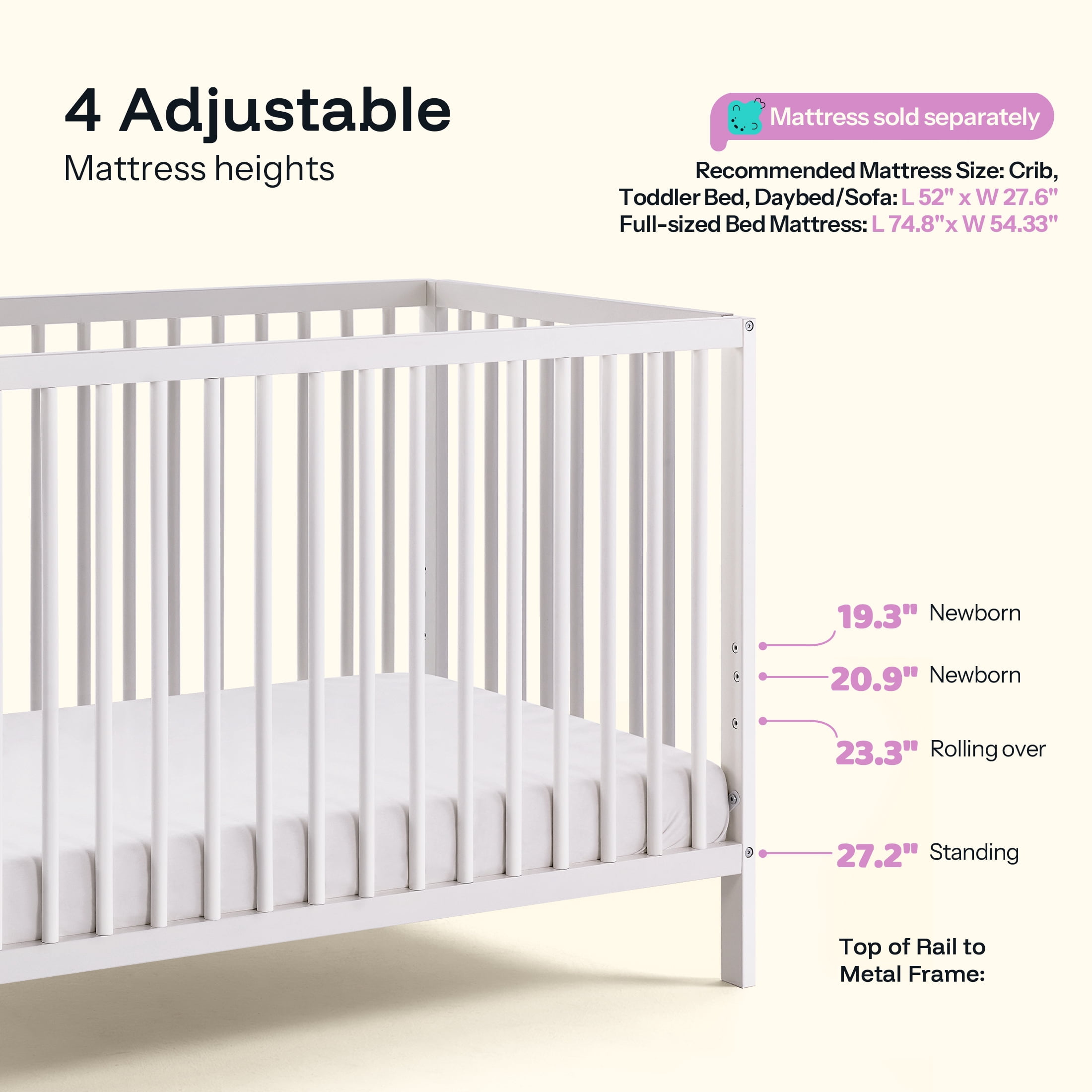 Harppa Convertible Baby Crib for Infant to Toddler,White,Greenguard Gold Certified