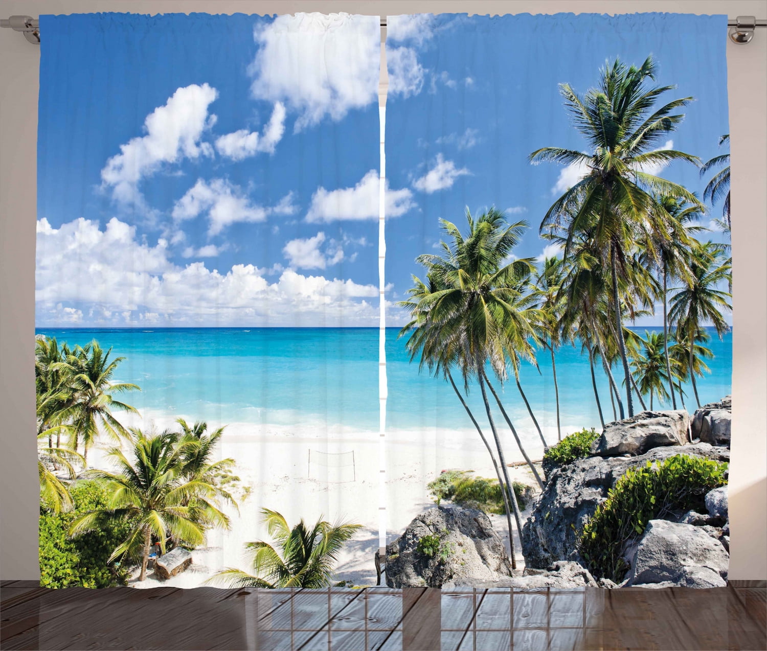 Turquoise Curtains Palm Tree Coastline Window Drapes 2 Panel Set 108x90 Inches 