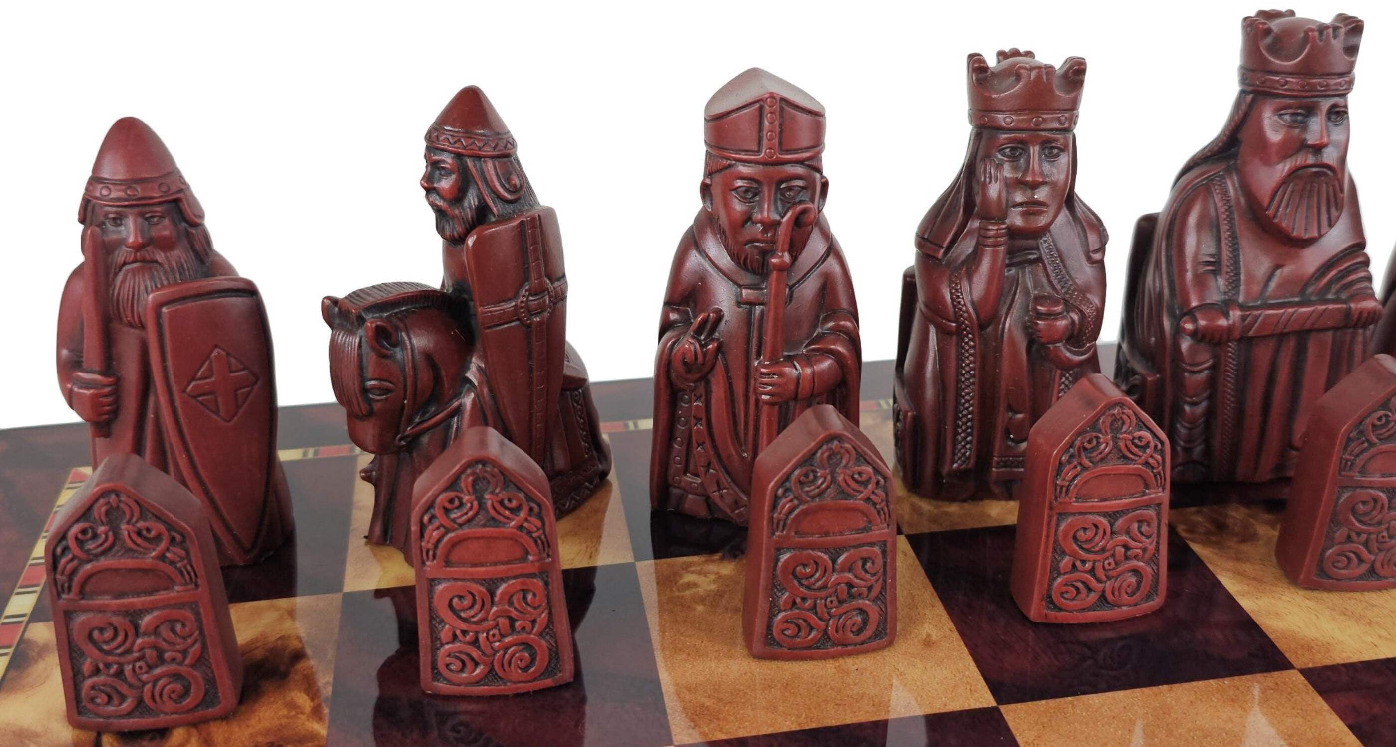 Large Isle of Lewis RED Chess Set 3 1/4" King with 18" Cherry Color Board