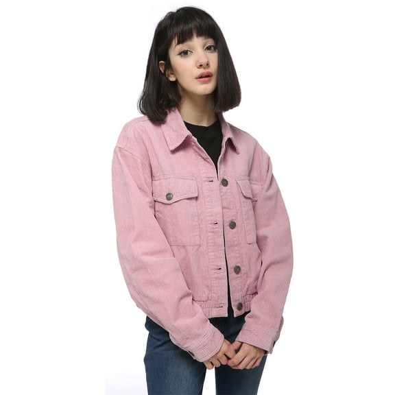 Feinuhan Teenage Women Vintage Pockets Button Down Corduroy Jacket Coat, Pink, Small