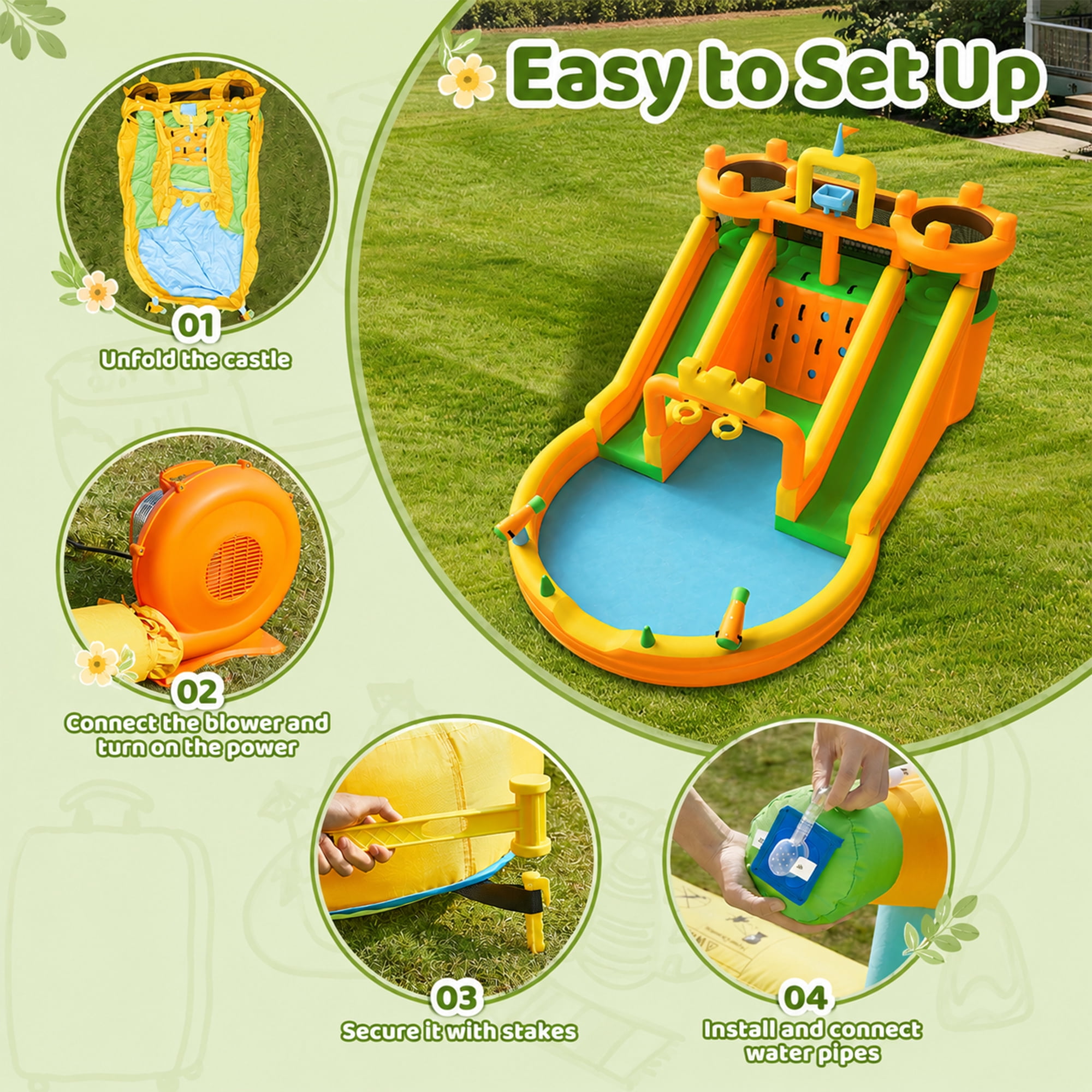 INFLATEFLY Inflatable Water Park 10 in 1 Multifunctional with Double Slides, Climbing Wall, 2 Basketball Hoops, Dual Water Cannons