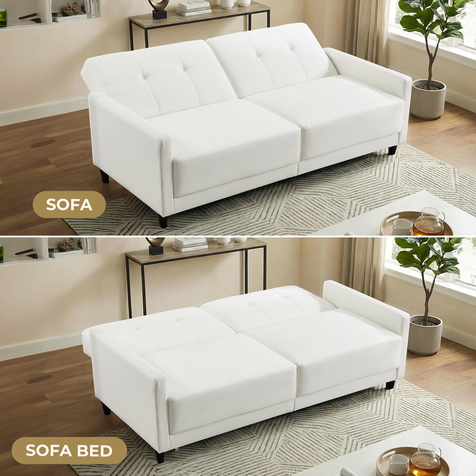 Ebello 76" Convertible Futon Sofa Bed, Mid Century Modern Faux Leather Loveseat Sofa Couch with Adjustable Backrest for Living Room & Office, White