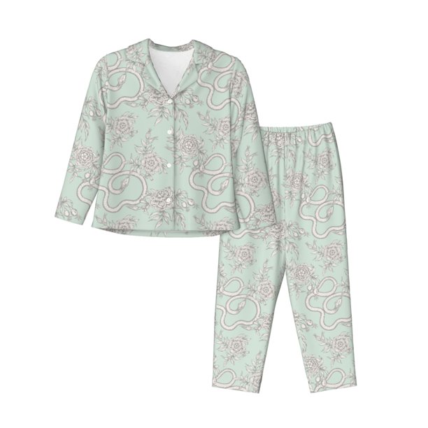 Fotbe Retro Snake Conjunto de Pijama de Manga Larga para Mujer con Estampado, Ropa de Dormir de 2 Piezas, Conjunto de Casa Suave y Cómodo con Bolsillos-Large