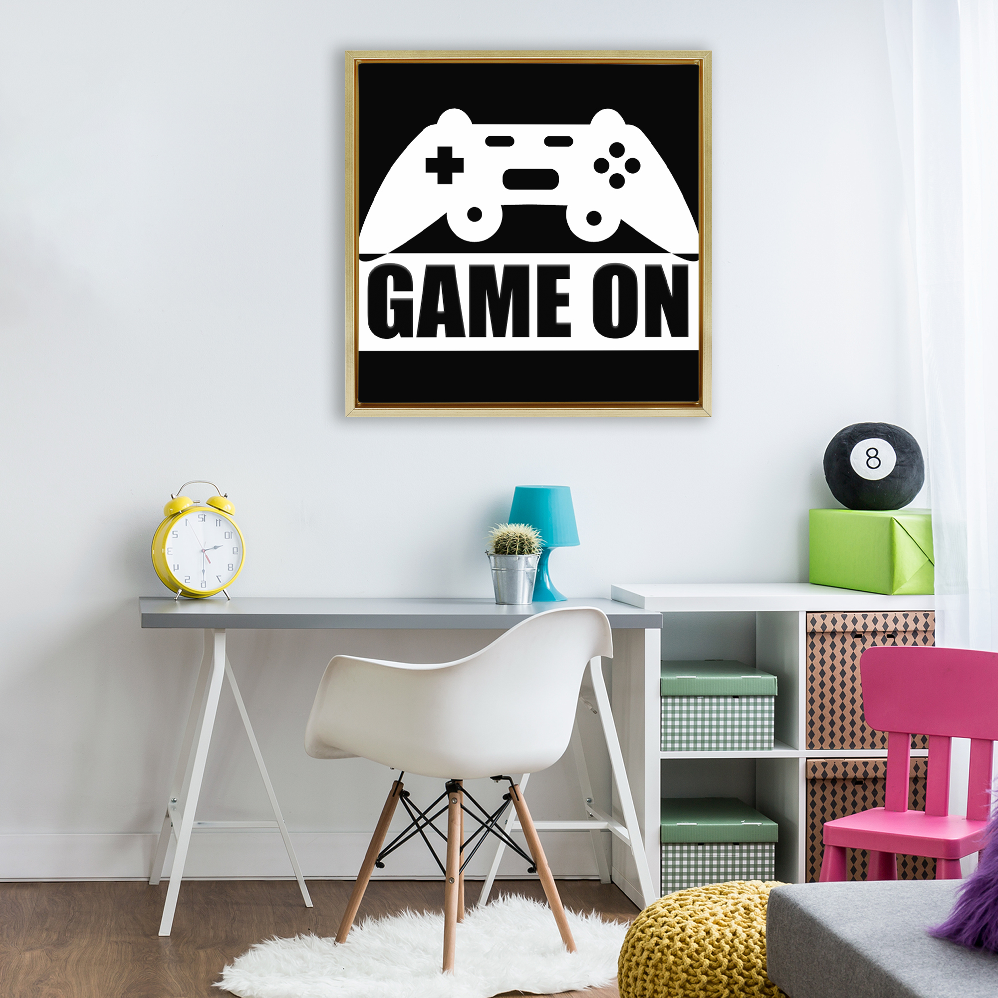 Game On Retro Black & White Gold Framed Floater Canvas Wall Art, design by Kim Allen