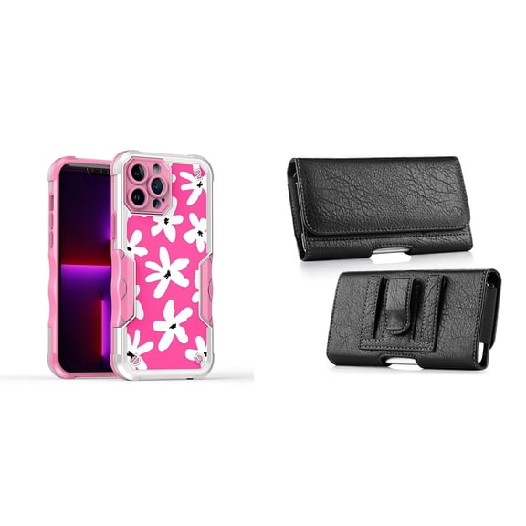 Case and Pouch Bundle for iPhone 14: Heavy Duty Armor Rugged Case (White Flowers on Pink) and Coin Card Wallet Belt Holster