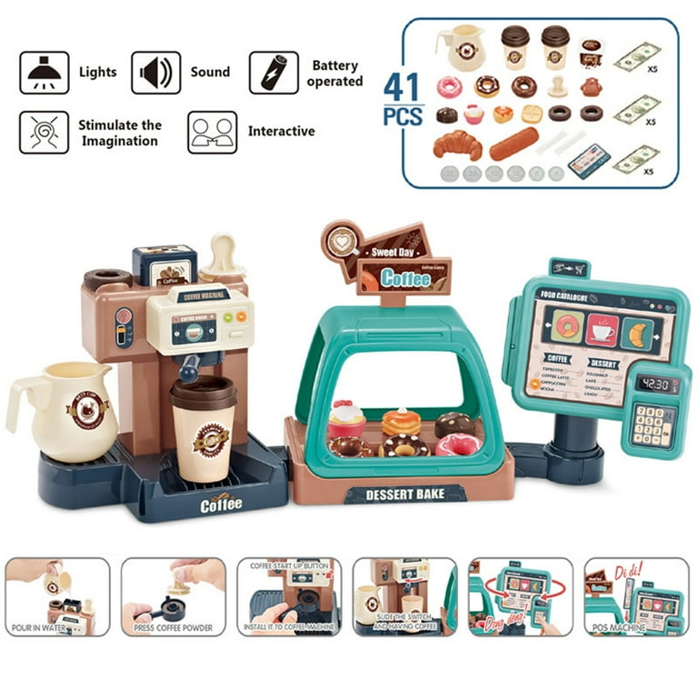 Kids Coffee Maker Toys with Realistic Light and Sound Effect,Pretend  Kitchen Toys with Dessert Doughnut Coffee Cups,Play Food Accessories Set  for