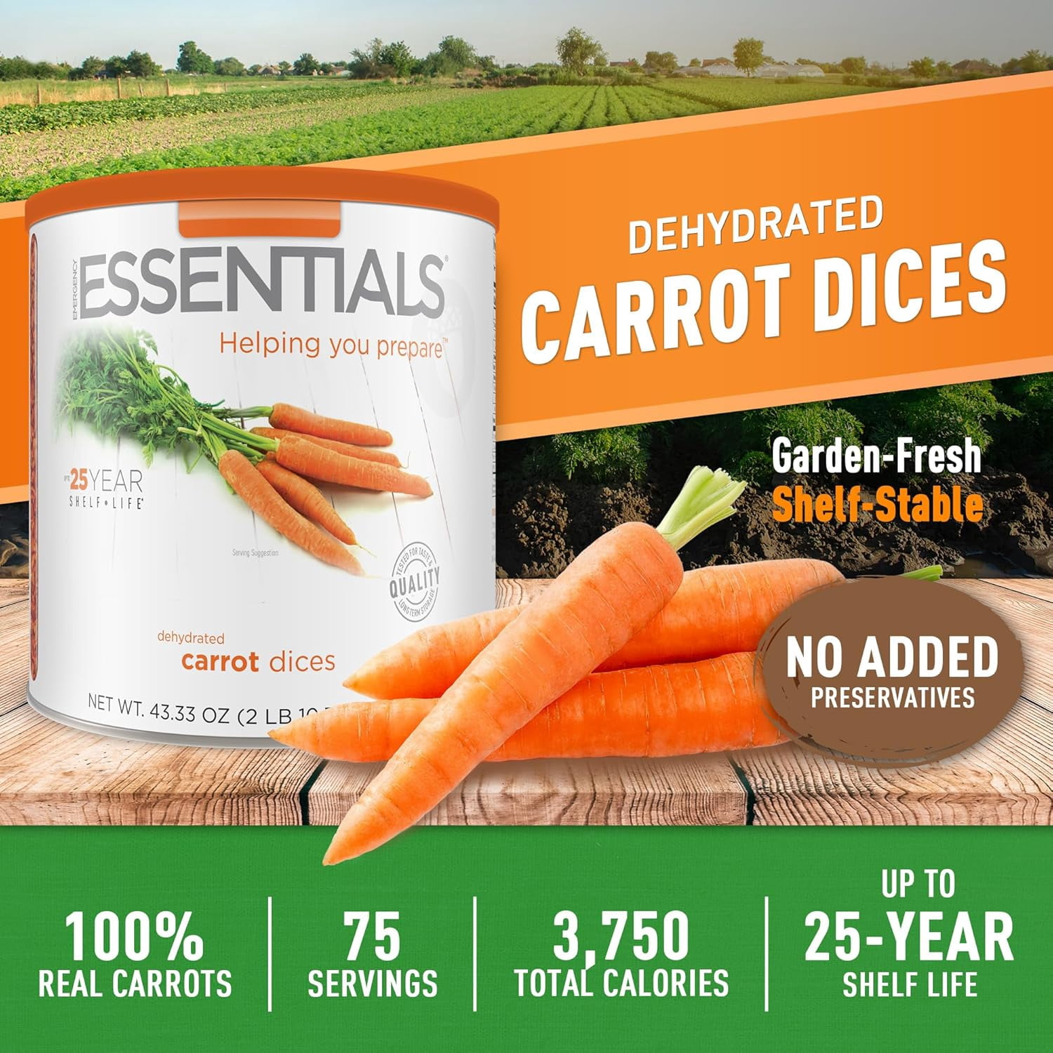 Emergency Essentials Dehydrated Carrot Dices, Bulk #10 Can, 75 Servings, 3,750 Calories, Up to 25-Year Shelf Life, Emergency Food Storage