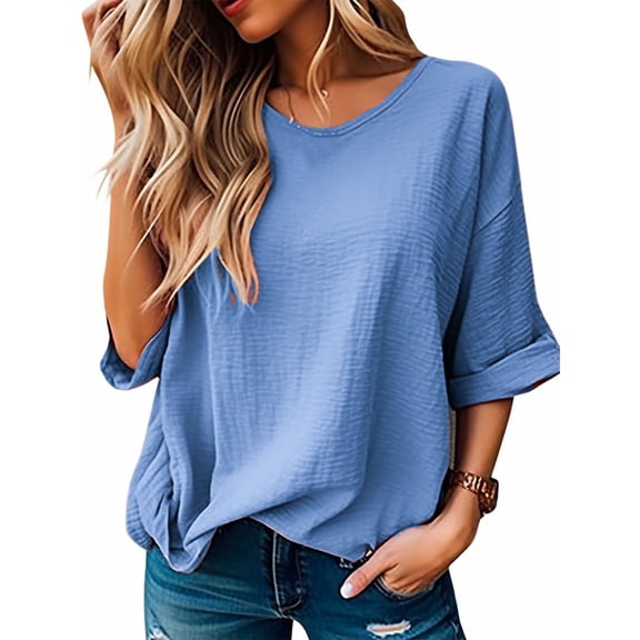 CHGBMOK Crew Neck T Shirts for Women Half Sleeve Blouses Solid Color Casual Dressy Tees Plus Size Loose Tunic