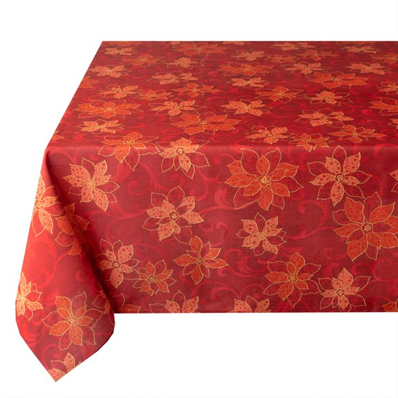 Benson Mills Poinsettia Scroll Printed Rectangle Fabric Table Cloth Winter Holiday and Christmas Tablecloth (60"" X 120"" Rectangular Red)
