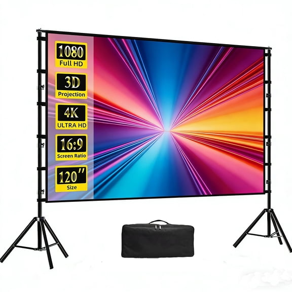 HVKDIEB 120 inch Outdoor Projector Screen with Stand 16:9 Portable Projector Screen Rear Front Projection Screen for Backyard Movie Night