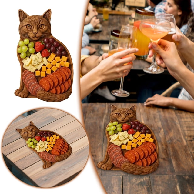 Ainf Wooden Cat Themed Serving Tray For Food Storage And Decorative Fruit Platter Perfect For Kitchen And Living Room 20cm