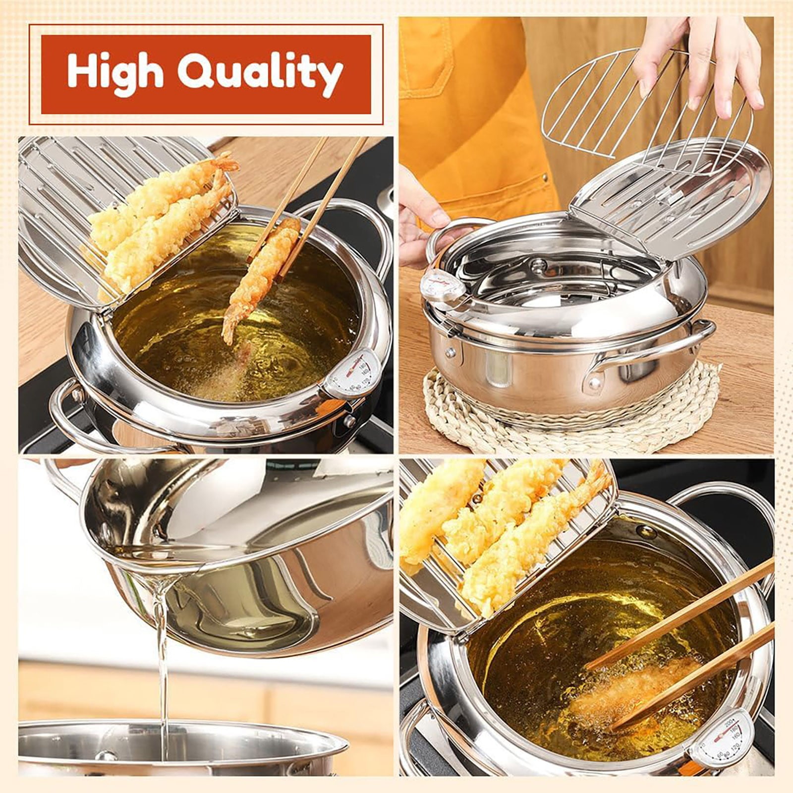 Cooking Utensils Clearance! One Piece Stainless Steel Frying Pan Stainless Deep Fryer New Japanese Deep Fryer Pot Stainless Deep Frying Pan with Lid Temperature & Oil Drip Drainer Filter Rack For