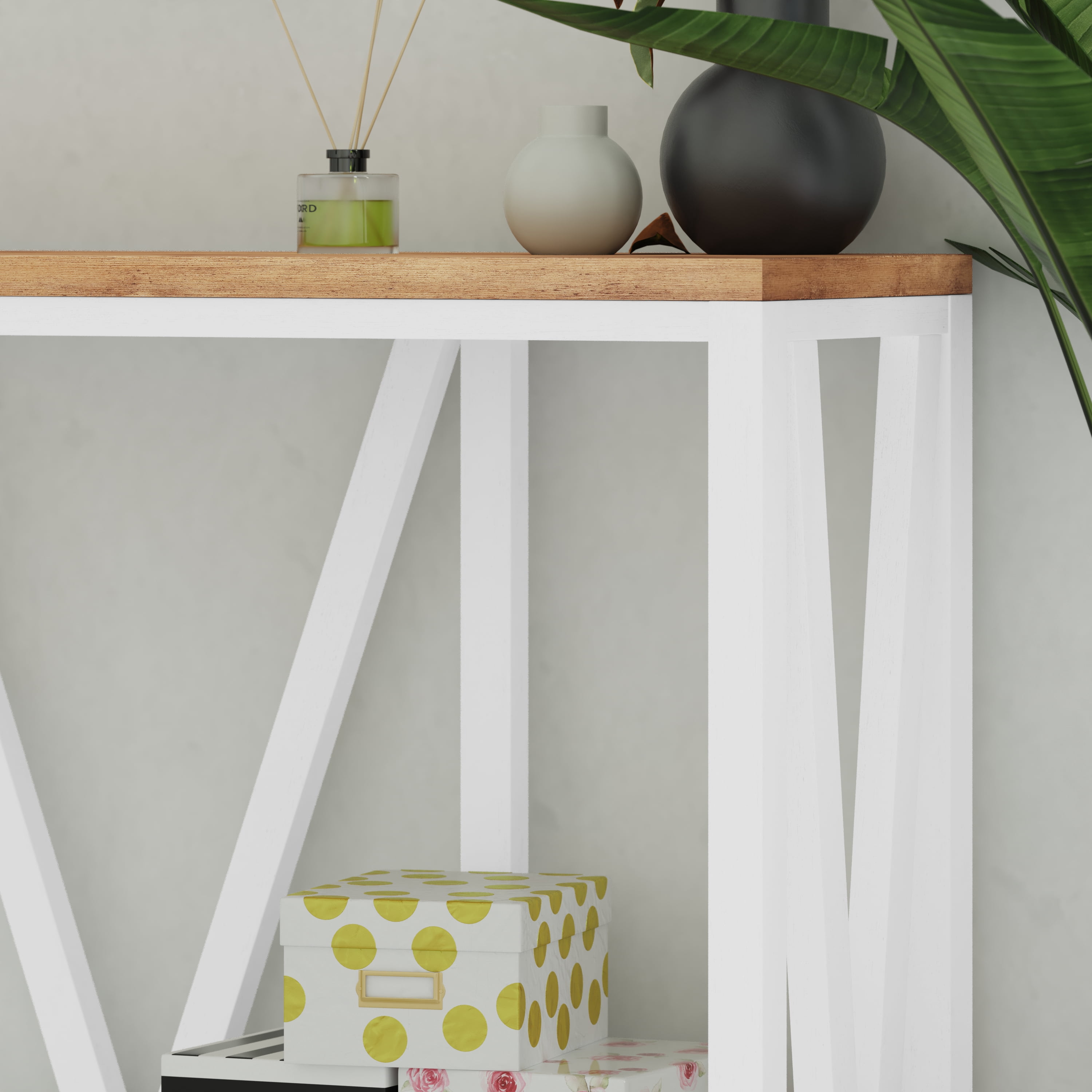 Emma + Oliver Modern Farmhouse Entryway Console Accent Table in White with Rustic Oak Finished Wood Top