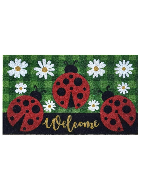 Ladybug Trio Spring Natural Fiber Coir Doormat Welcome Daisies Outdoor 30" x 18" Briarwood Lane