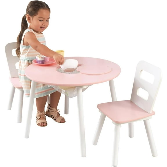 CF  Wooden Round Table & 2 Chair Set with Center Mesh Storage - Pink & White