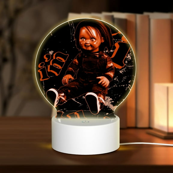 Childs Play Horror Chucky Round Acrylic Night Light Decoration USB Cable LED Lamp Base with Touch Control Adjustable 3 Light Modes Nightlight Decor