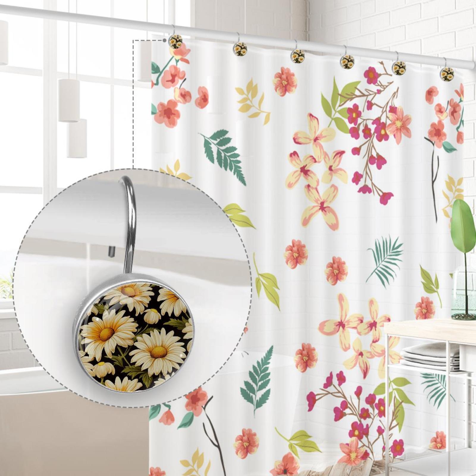 White Daisy Flowers Rolling Shower Curtain Hooks, Clear Crystal Glass Art Decorative Stainless Bath Bathroom Set 12 Pcs