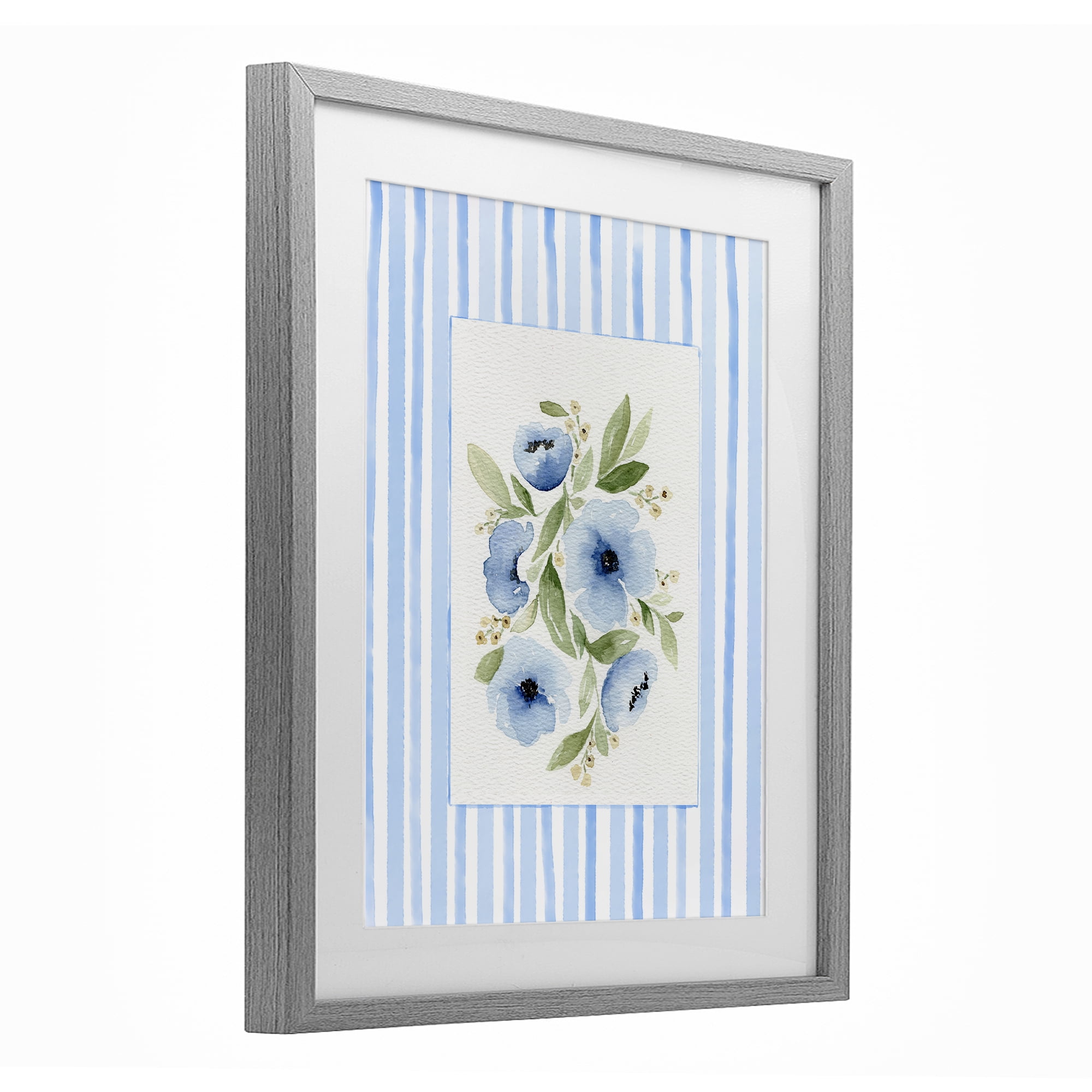 Stupell Industries Flowers With Stripe Border Gray Framed Print Under Glass, design by Leah Noel Art