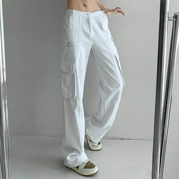 Winter Low Waist Cargo Pants for Women Vintage Buckle Straight Trousers with Flap Pockets Solid Color Casual Ankle Pants
