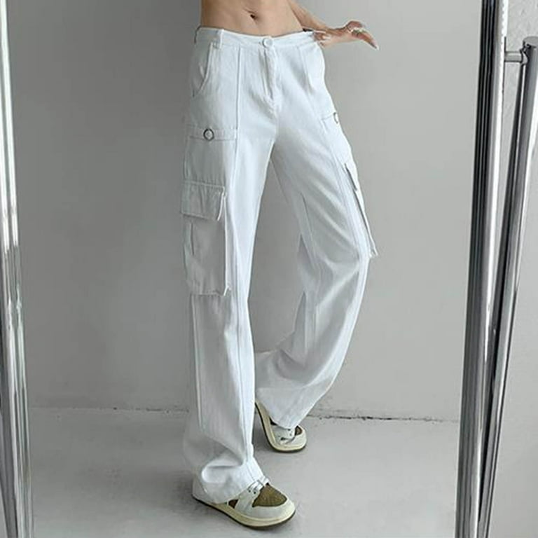 UHUYA Womens Cargo Pants Retro Overalls Spring And Autumn New Fashion Hot  Girl Loose High Waist Multi-Pocket Casual Straight Pants White XL US:10 