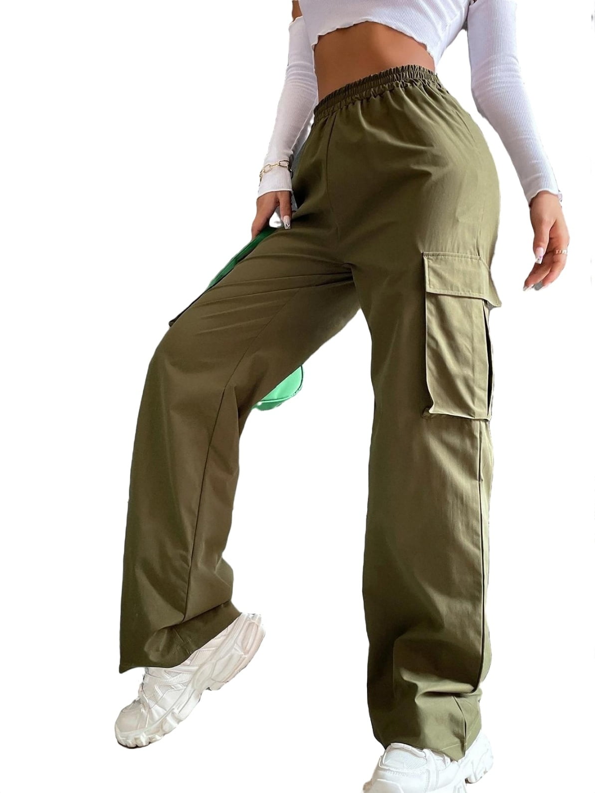 Women's Elastic High Waist Flap Pocket Cargo Pants Grey 
