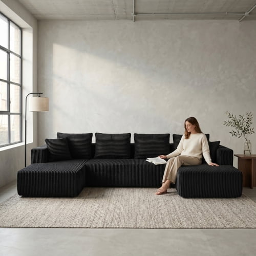 130" U-Shaped Modular Sectional Sofa, Corduroy Fabric Couch with Double Chaise, Deep Seat 4-Piece Set for Living Room Apartment, Black