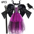 thumbnail image 1 of Disfraz de bruja morada para niñas, vestido de malla con cola, disfraz de Maléfica de lujo para niñas, fiesta de Halloween, ropa de cosplay de Disney para niños de 2 a 12 años, 1 of 4
