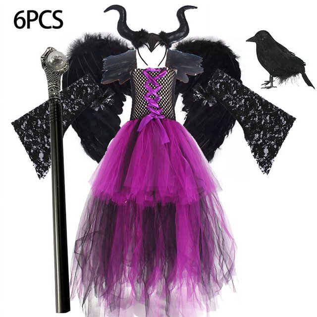 Disfraz de bruja morada para niñas, vestido de malla con cola, disfraz de Maléfica de lujo para niñas, fiesta de Halloween, ropa de cosplay de Disney para niños de 2 a 12 años