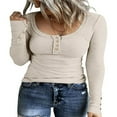 thumbnail image 1 of Womens T-Shirts Henley Automne Hiver Manches Longues Col Rond Boutonné vers le Bas Solide Slim Ajustement Côtelé Pull Tops Bas de Chemise, 1 of 3